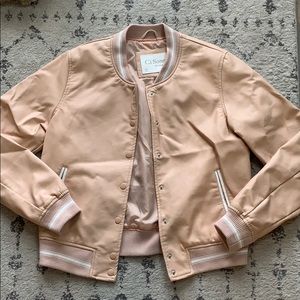BLUSH PINK VARSITY STYLE FAUX LEATHER JACKET